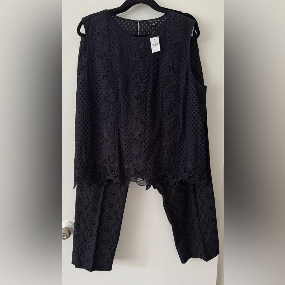Ann Taylor Navy Blue Eyelit Pants and Sleeveless Top Set